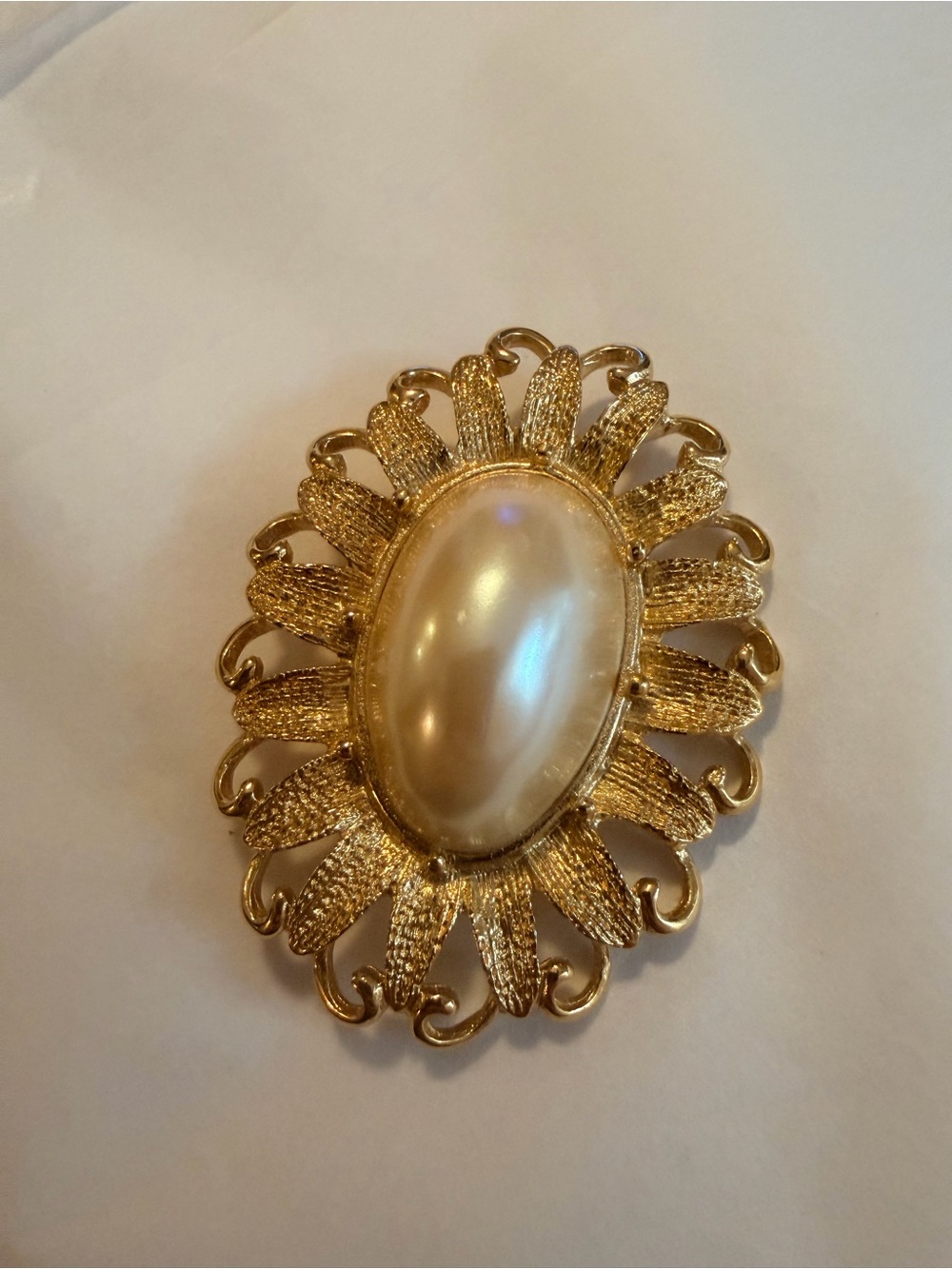 Gold-Tone Brooch with Cream Faux Pearl Centerpiece